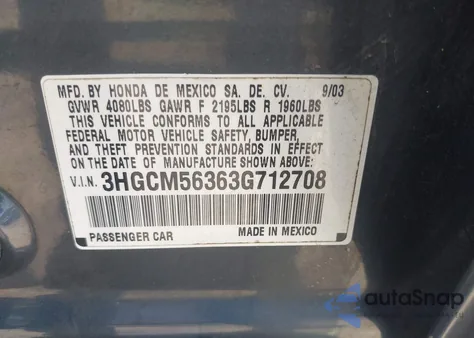 2003 Honda Accord Lx z USA, uszkodzony, nr VIN 3HGCM56363G712708
